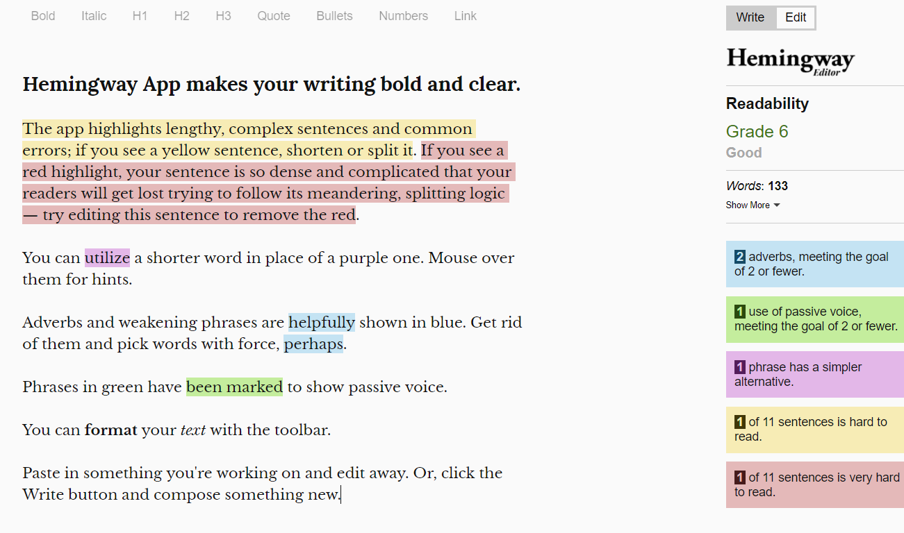 hemingway app is a text editor to make your writing easier to read